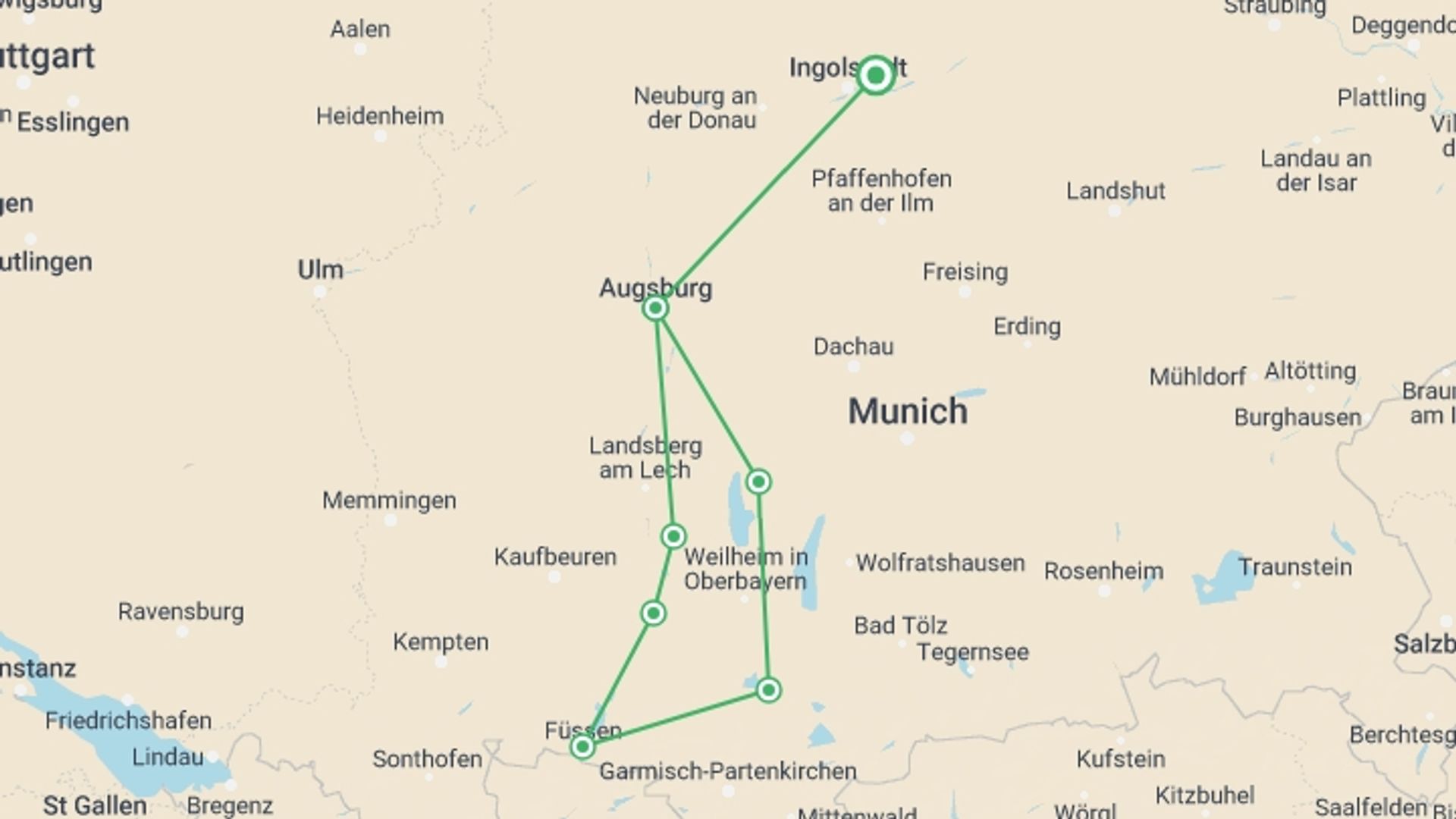 A map showing the tour itinerary for the trip: Lakes & Mountains of Bavaria Cycling, starting in Bavaria, Germany and ending in Bavaria, Germany going through 6 other destinations.