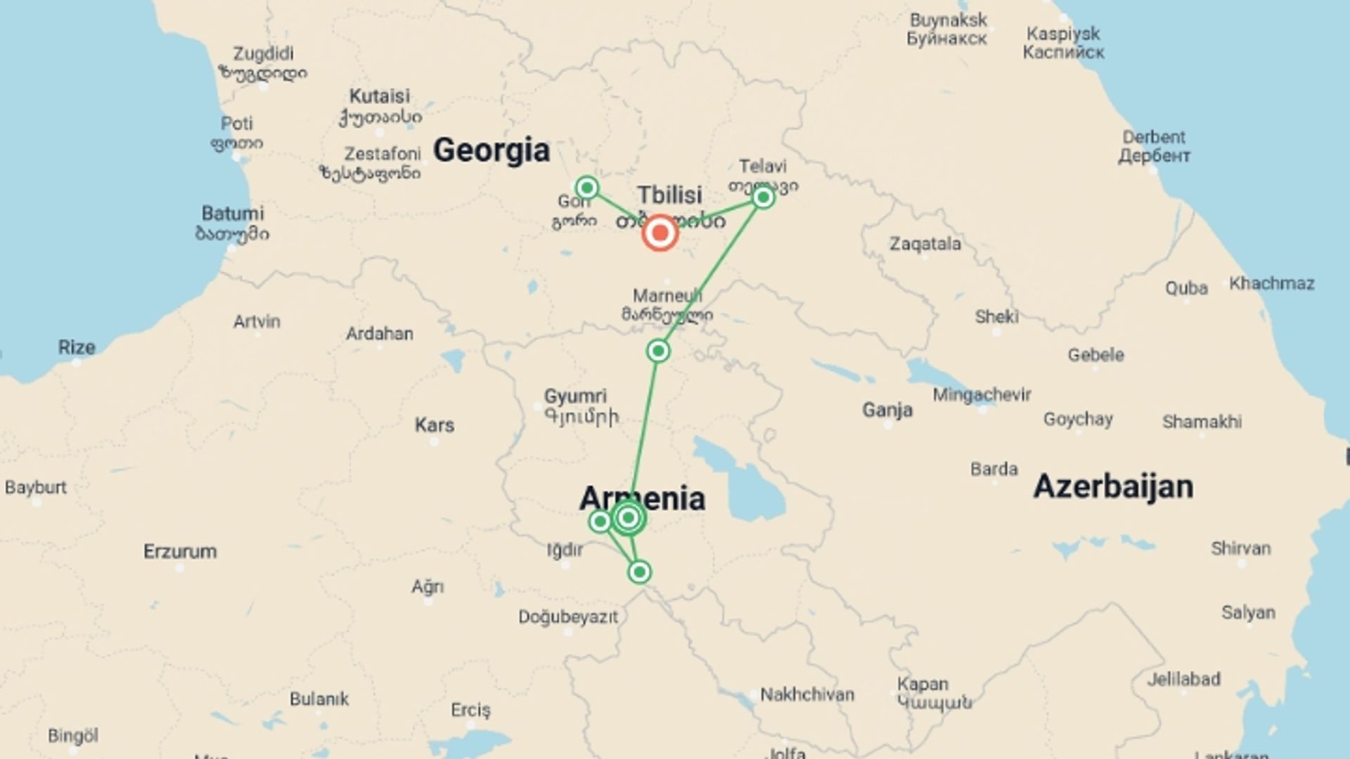 A map showing the tour itinerary for the trip: Best of Georgia & Armenia, starting in Yerevan, Armenia and ending in Tbilisi, Georgia going through 4 other destinations.