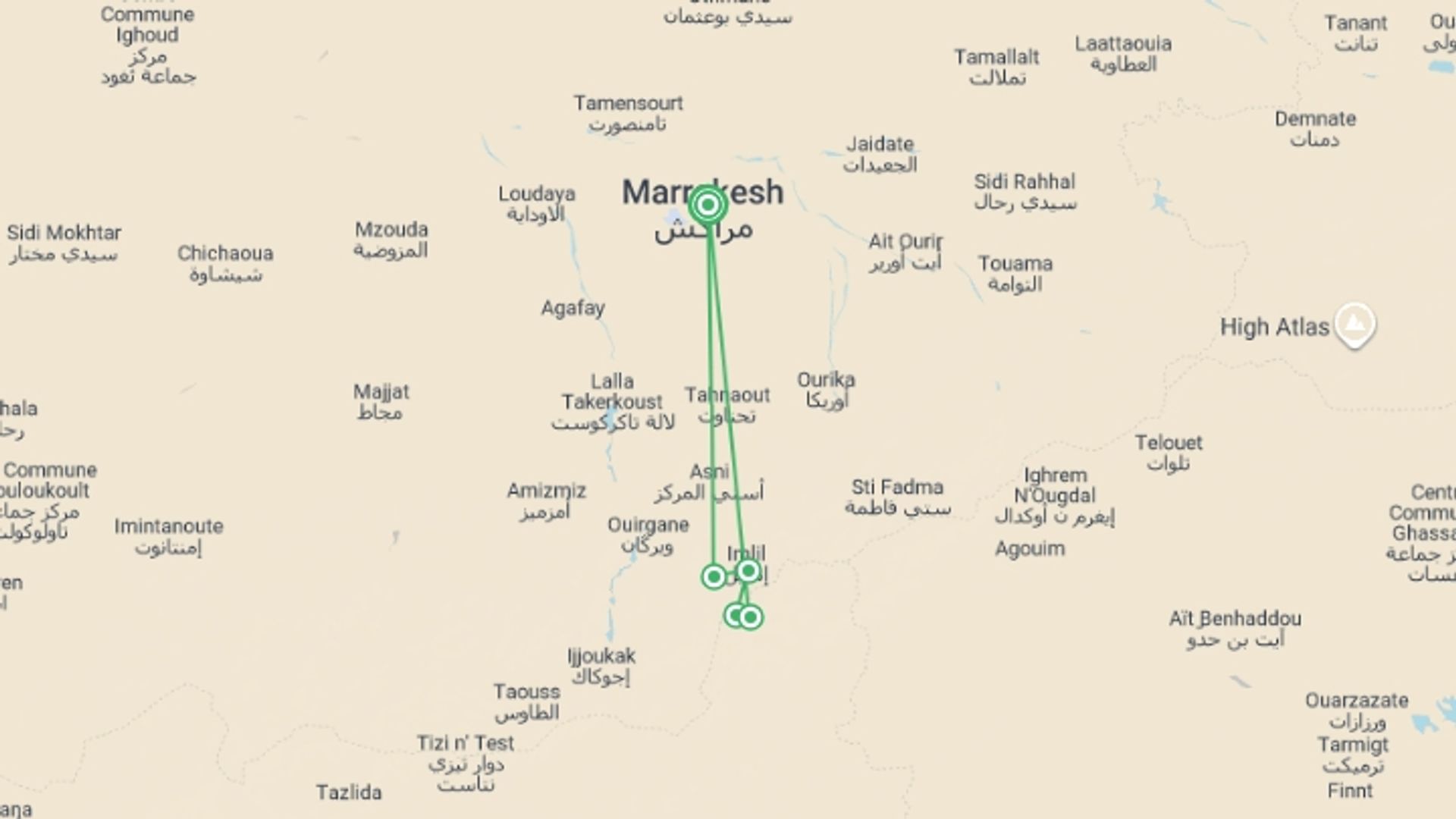 A map showing the tour itinerary for the trip: Toubkal Climb, starting in Marrakech, Morocco and ending in Marrakech, Morocco going through 4 other destinations.
