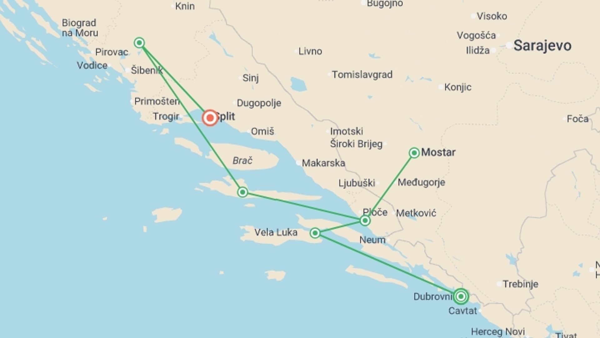 A map showing the tour itinerary for the trip: Croatian Coastal Cruising: Dubrovnik to Split (Aurora), starting in Dubrovnik, Croatia and ending in Split, Croatia going through 5 other destinations.