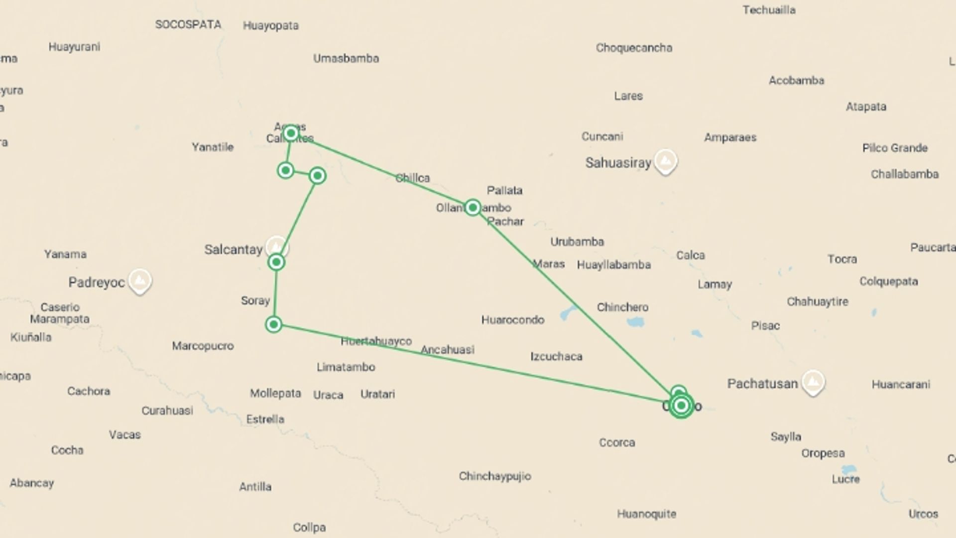 A map showing the tour itinerary for the trip: The Salkantay Trek, starting in Cusco, Peru and ending in Cusco, Peru going through 8 other destinations.