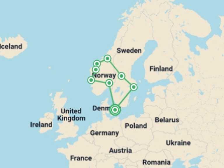 Map itinerary of Europe Tour in Fall with 8 destination visits for the trip: Nordic Tour Start Copenhagen