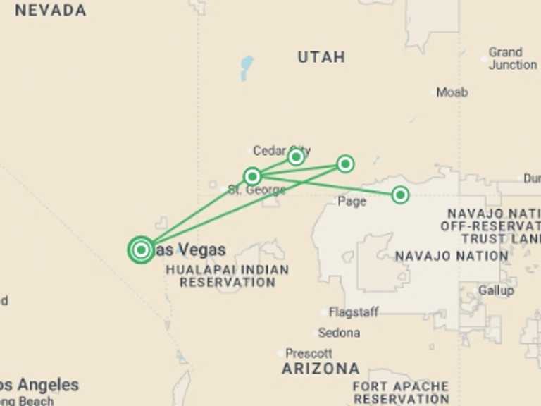 Map itinerary of Las Vegas Tour in Fall with 2 destination visits for the trip: Zion Glamping Adventure
