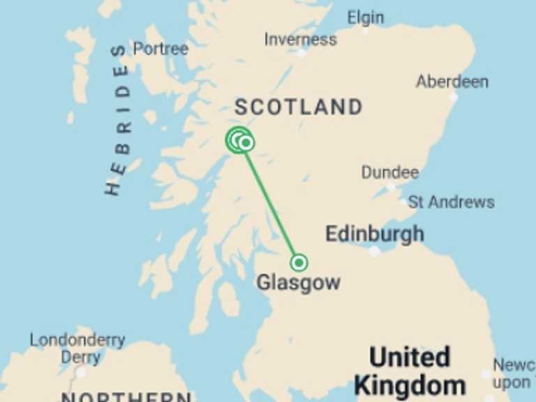 Map of Glasgow Tour with 3 destination visits for the trip: Classic Walks of Scotland