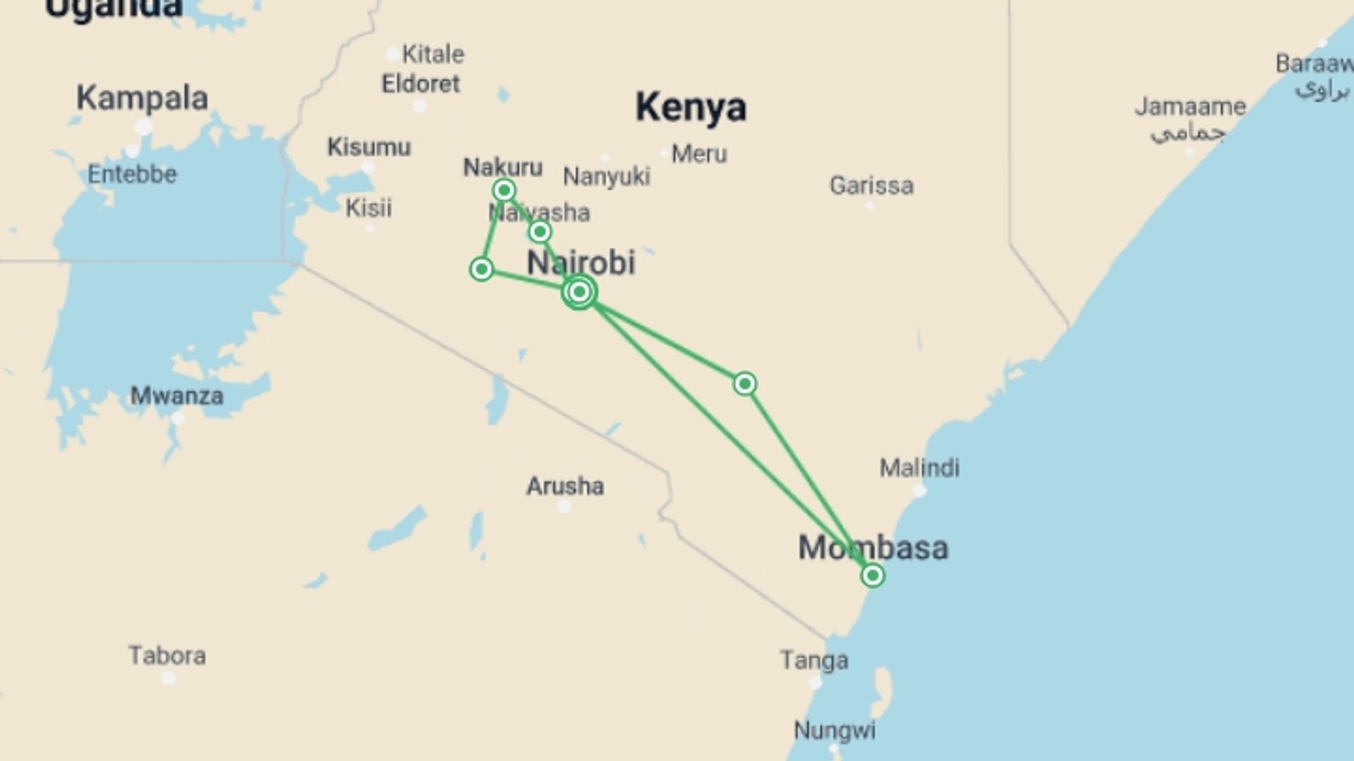 A map showing the tour itinerary for the trip: 10 DAYS KENYA BUSH AND BEACH SAFARI, starting in Nairobi, Kenya and ending in Nairobi, Kenya going through 10 other destinations.