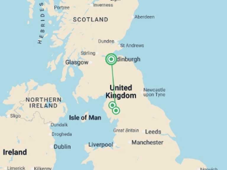 Map of Scotland Sightseeing Tour with 2 destination visits for the trip: Lake District From Edinburgh - 3 days
