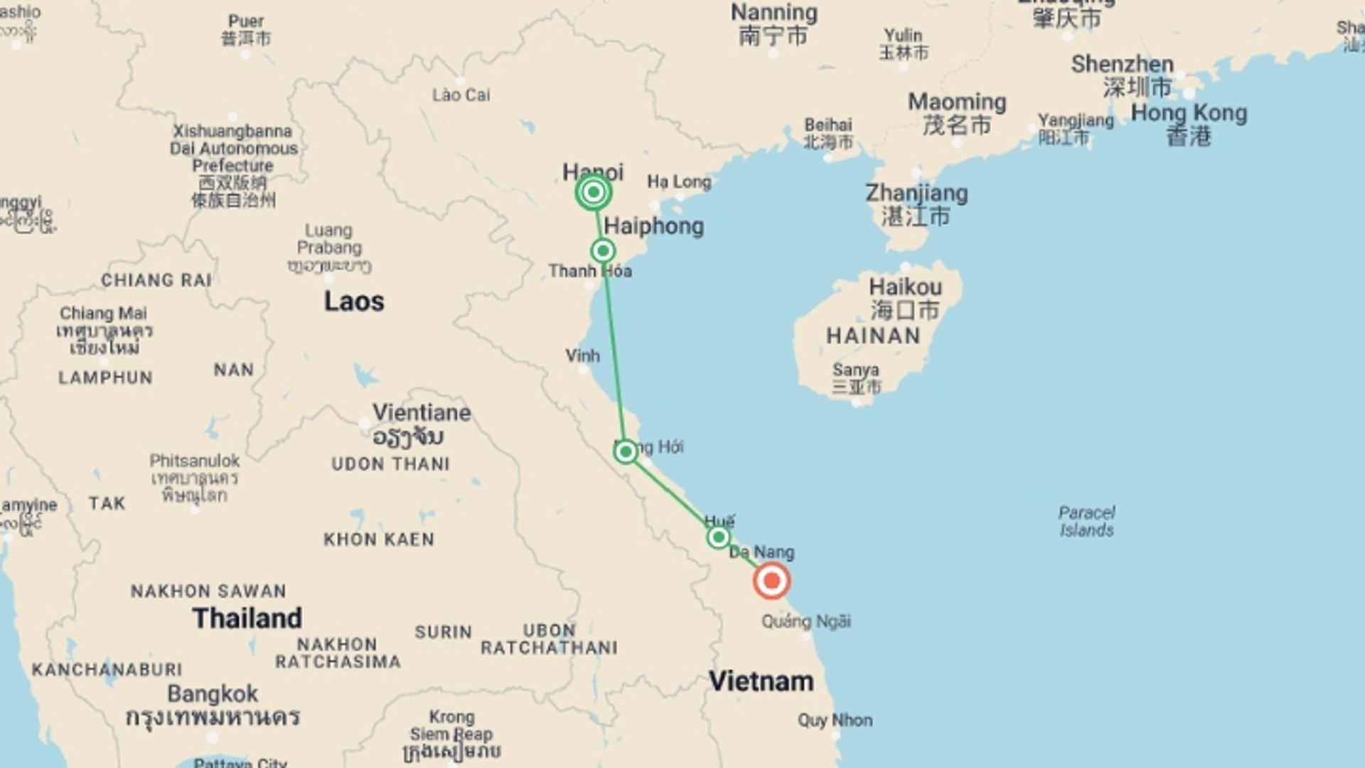 A map showing the tour itinerary for the trip: North & Central Vietnam: Hanoi, Hoi An & Countryside Adventures, starting in Hanoi, Vietnam and ending in Hoi An, Vietnam going through 3 other destinations.