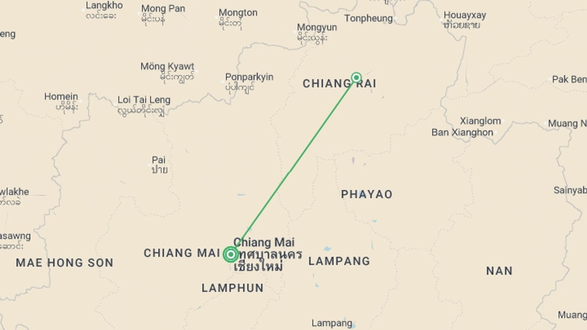 A map showing the tour itinerary for the trip: Thailand Voluntour 15D/14N, starting in Chiang Mai, Thailand and ending in Chiang Mai, Thailand going through 1 other destinations.