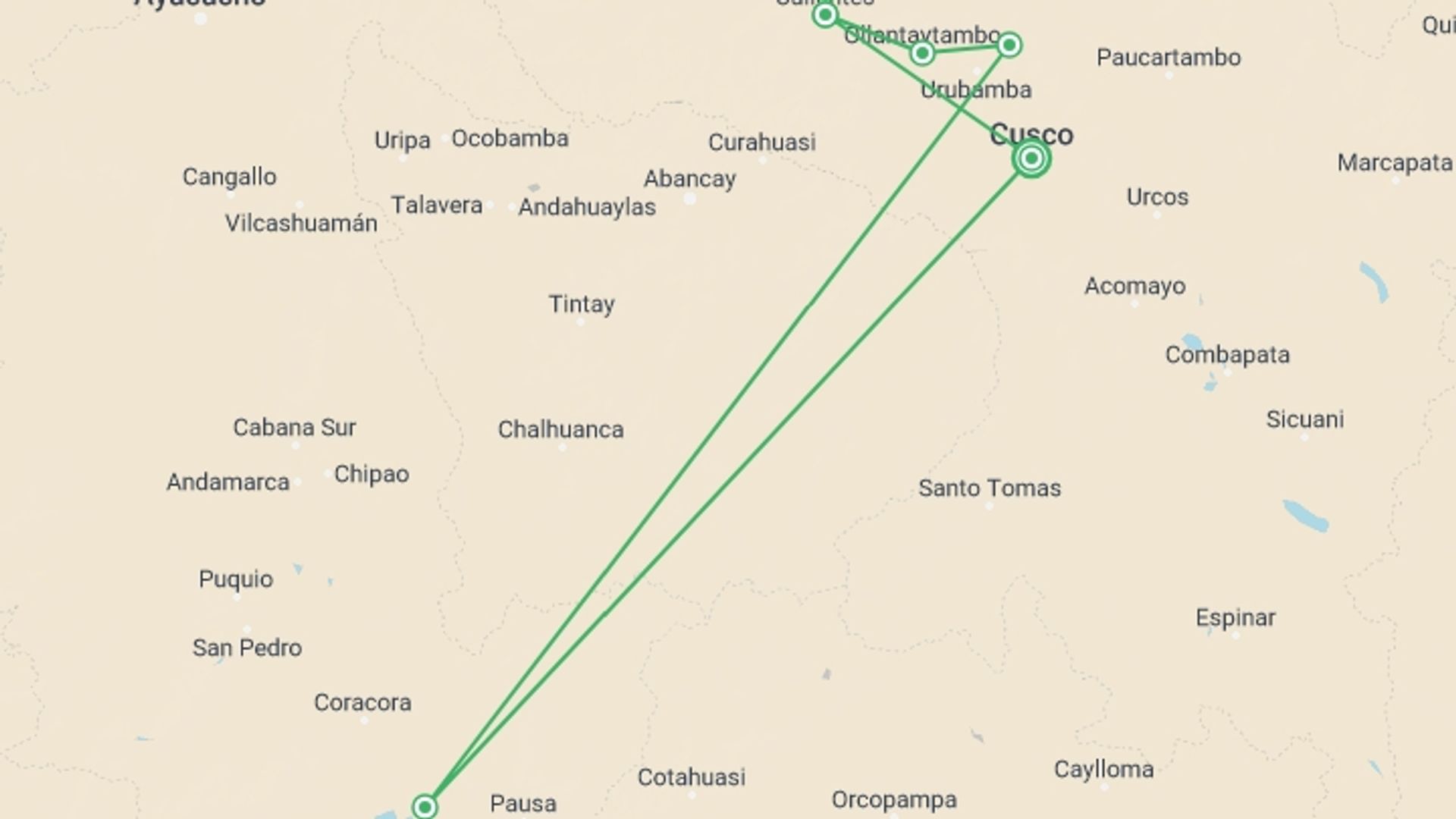 A map showing the tour itinerary for the trip: 4-day Lares Trek to Machu Picchu, starting in Cusco, Peru and ending in Cusco, Peru going through 3 other destinations.