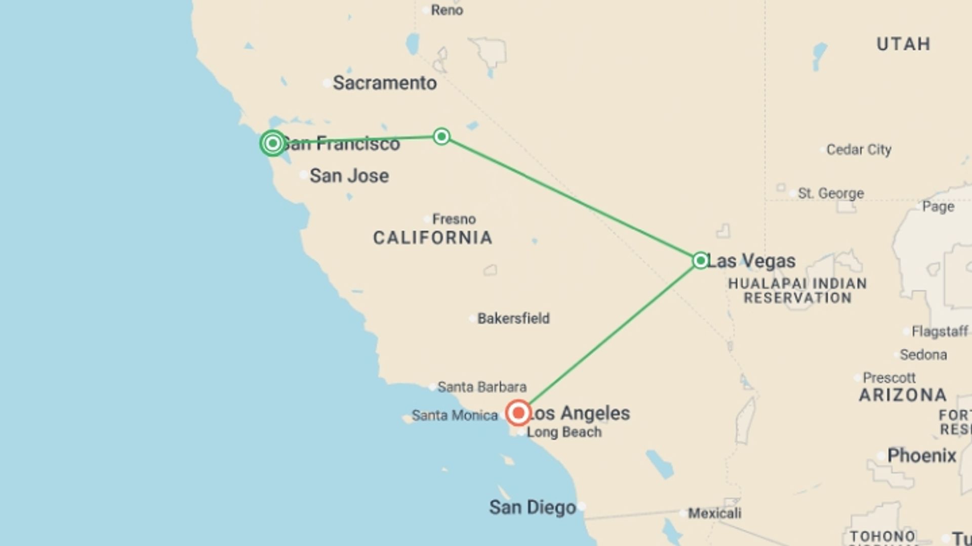 A map showing the tour itinerary for the trip: Cali Coast & Yosemite From San Fran - 4 days, starting in undefined, USA and ending in undefined, USA going through 0 other destinations.