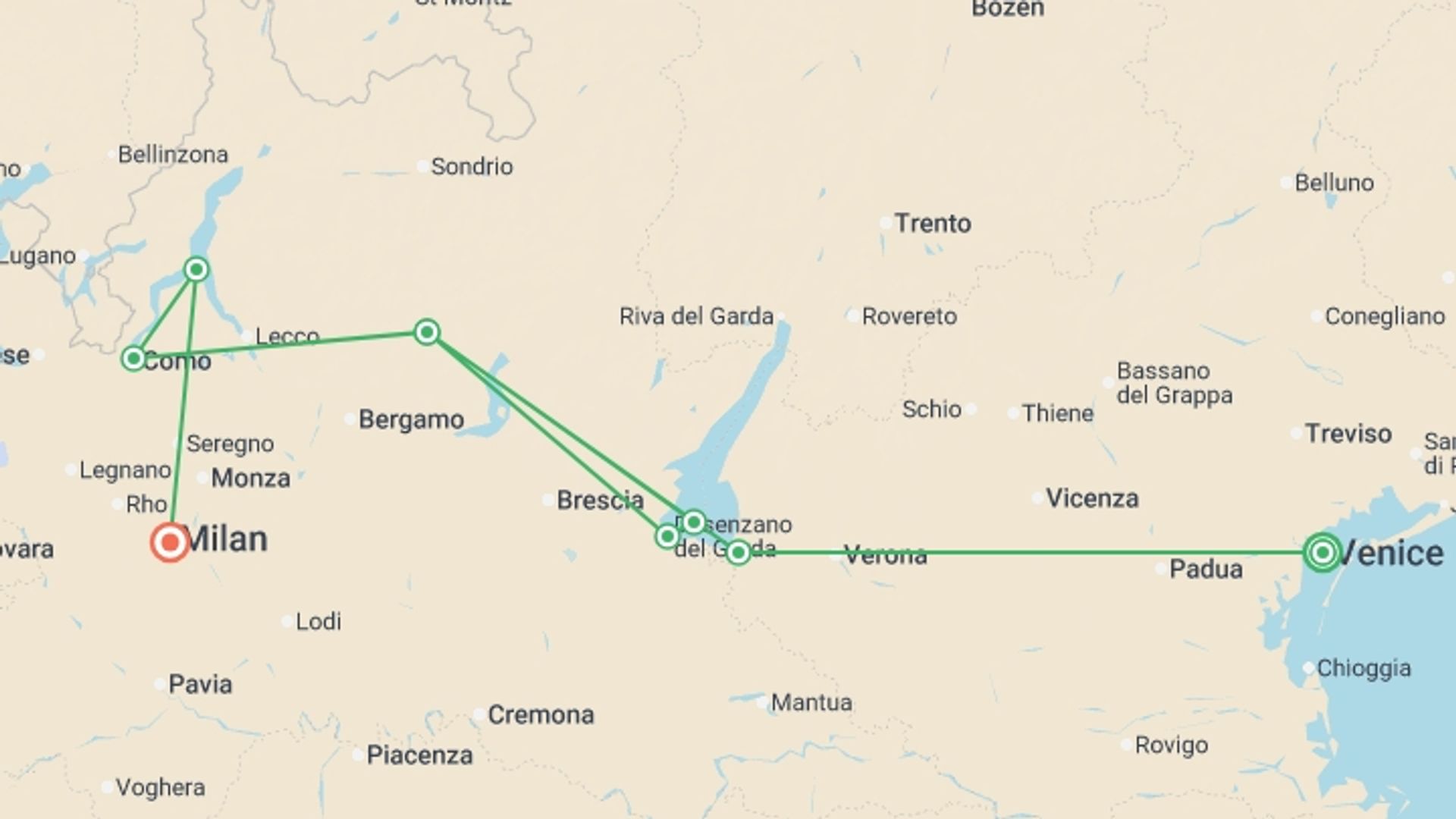 A map showing the tour itinerary for the trip: Italy’s Lakes & Bernina Express: Small Group Tour, starting in Venice, Italy and ending in Milan, Italy going through 1 other destinations.