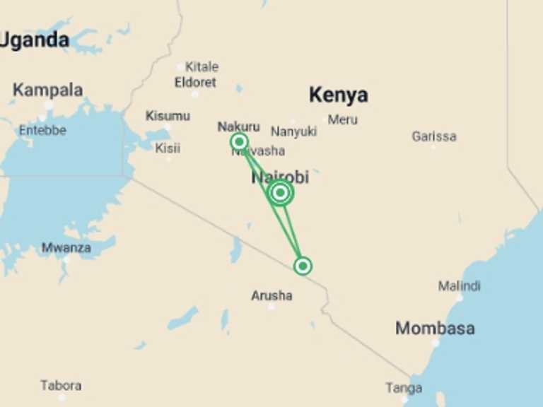 Map of Nairobi Wildlife Tour with 3 destination visits for the trip: Journeys: Kenya Safari Experience