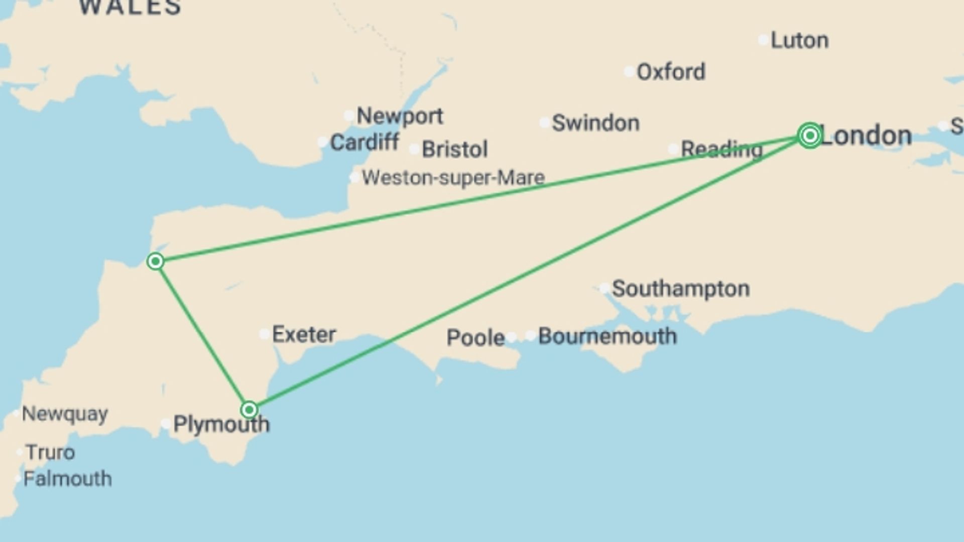 A map showing the tour itinerary for the trip: Best of Devon and Cornwall, starting in London, England and ending in London, England going through 2 other destinations.