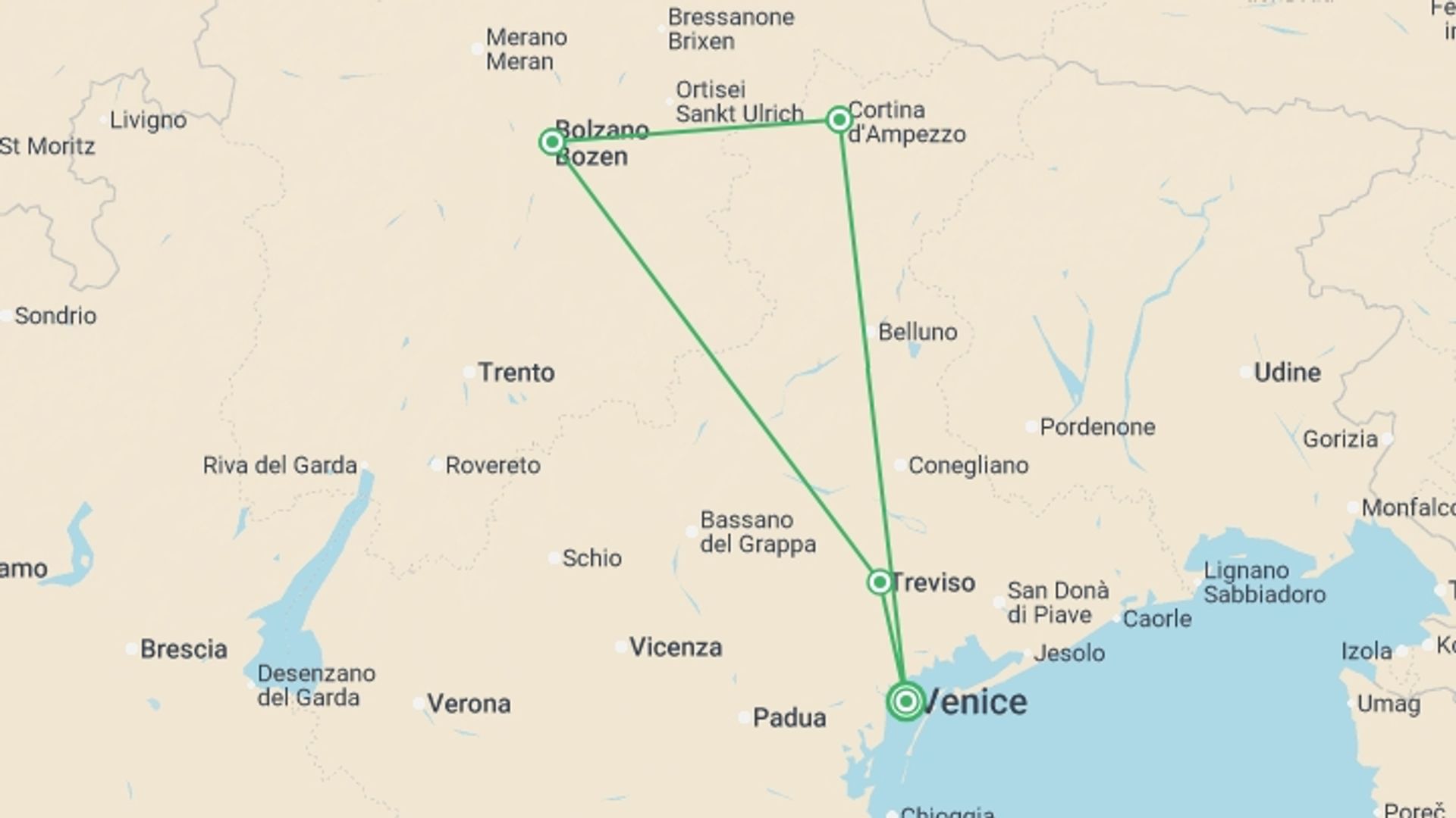 A map showing the tour itinerary for the trip: The Dolomites And Prosecco, Self-drive, starting in undefined, Italy and ending in undefined, Italy going through 0 other destinations.