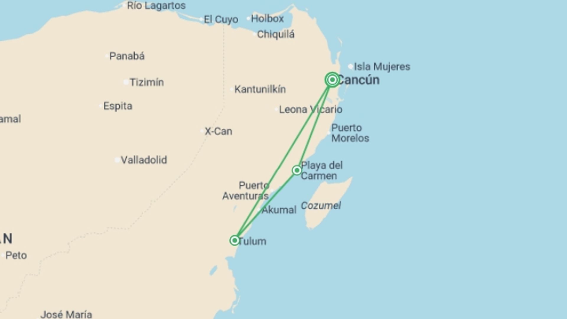A map showing the tour itinerary for the trip: Riviera Maya Adventure 6D/5N, starting in Cancún, Mexico and ending in Cancún, Mexico going through 2 other destinations.
