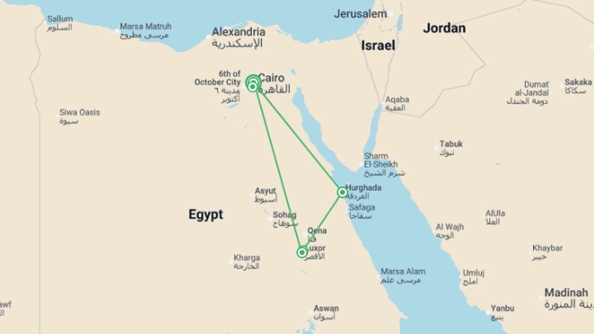 A map showing the tour itinerary for the trip: Sands & Seas, starting in Cairo, Egypt and ending in Cairo, Egypt going through 2 other destinations.