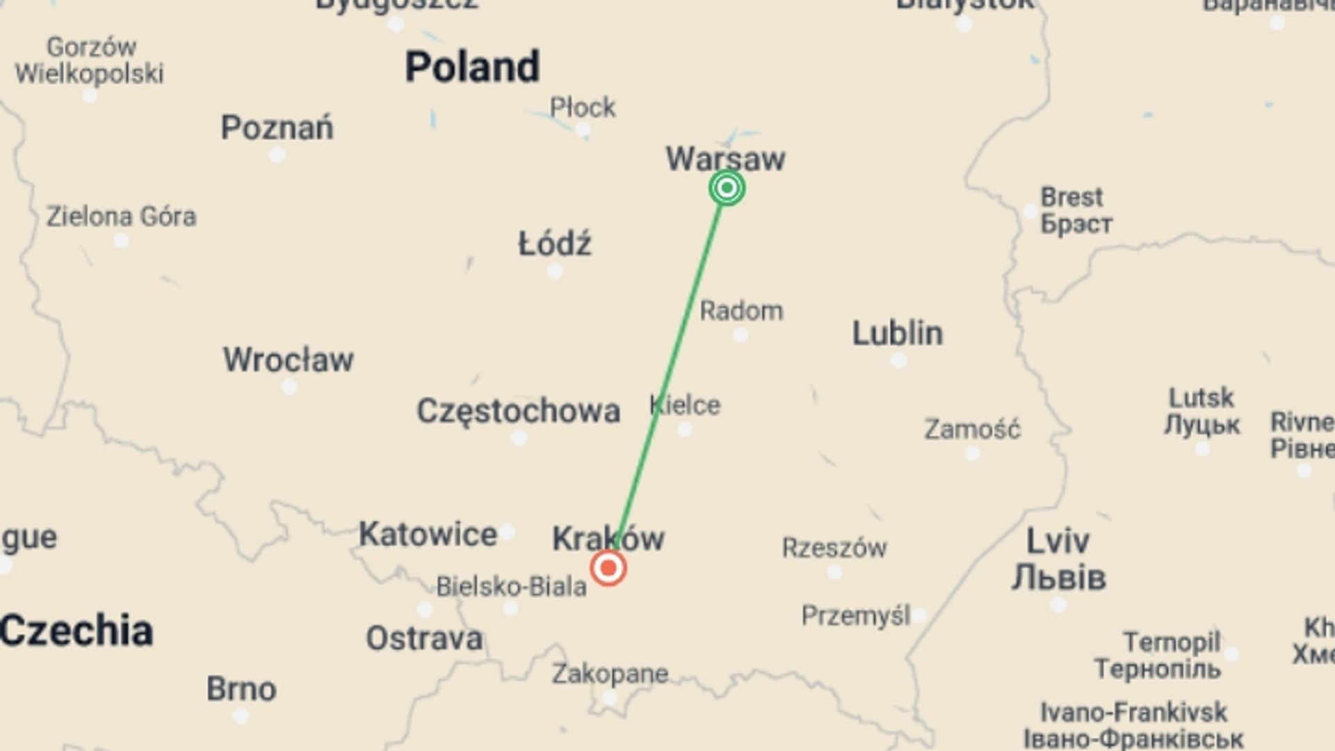 A map showing the tour itinerary for the trip: Christmas Markets of Poland, starting in Warsaw, Poland and ending in Krakow, Poland going through 0 other destinations.