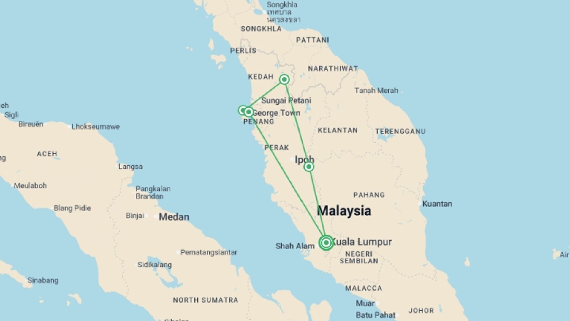 A map showing the tour itinerary for the trip: Malaysia Highlights, starting in Kuala Lumpur, Malaysia and ending in Kuala Lumpur, Malaysia going through 4 other destinations.