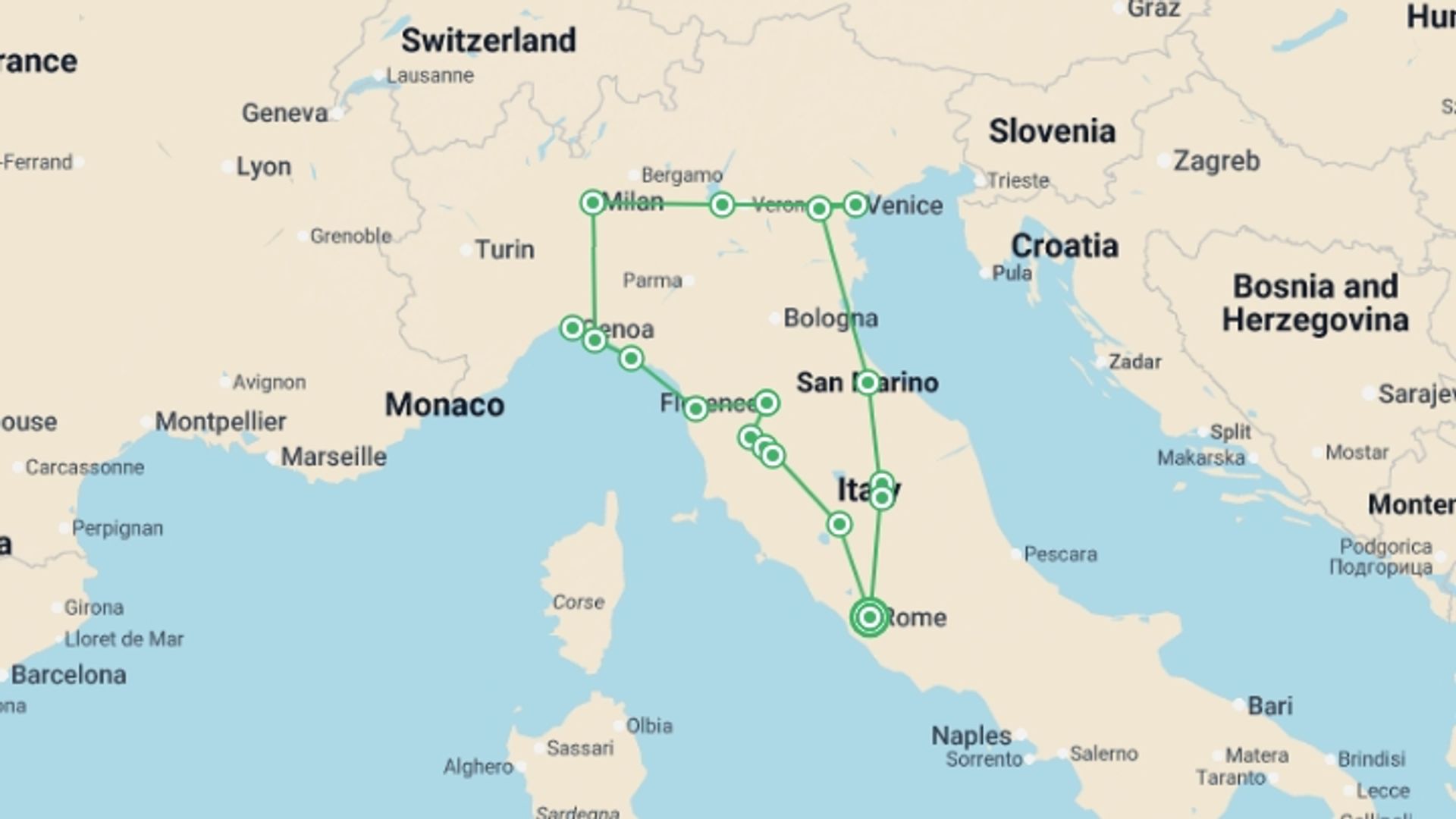 A map showing the tour itinerary for the trip: Treasures of Italy, starting in Rome, Italy and ending in Rome, Italy going through 7 other destinations.