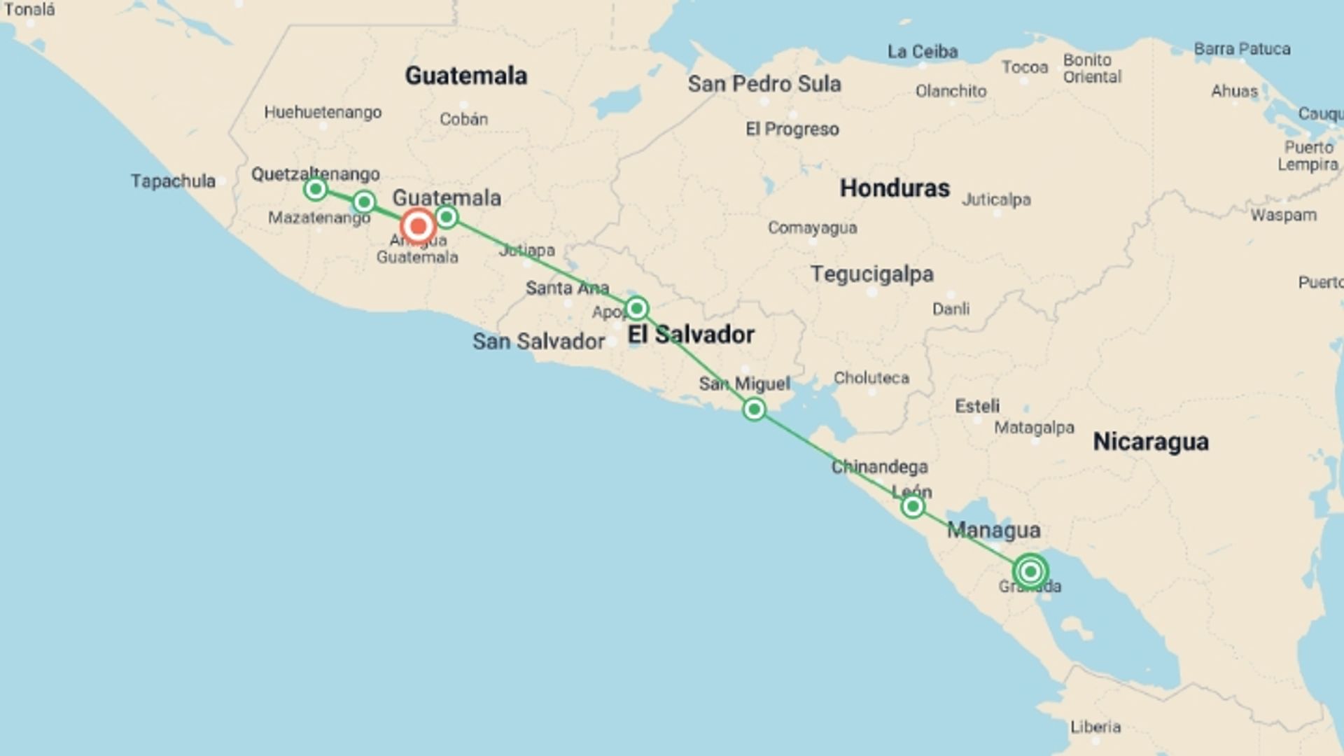 A map showing the tour itinerary for the trip: Heart of Central America, starting in Granada, Nicaragua and ending in Antigua, Guatemala going through 6 other destinations.