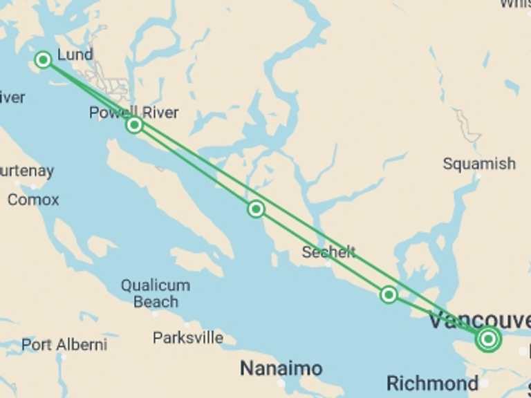 Map of 9-Day Canada Tour with 5 destination visits for the trip: Walk & Paddle Canada's Sunshine Coast
