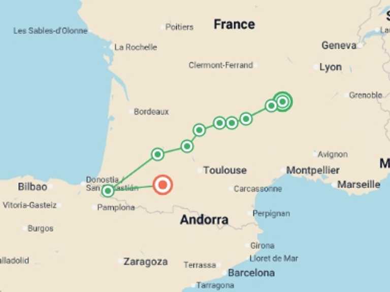 Map itinerary of Europe Tour in Fall with 12 destination visits for the trip: French Food Lover's Le Puy Camino