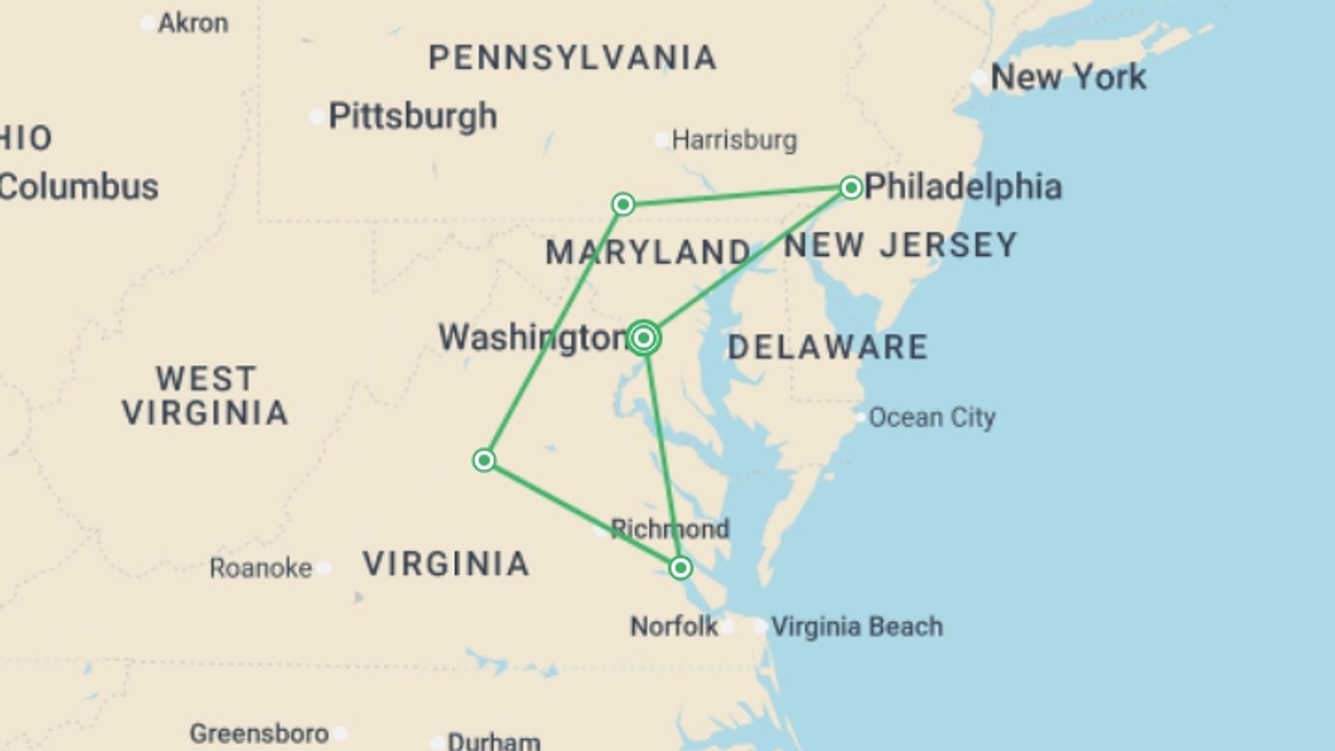 A map showing the tour itinerary for the trip: Historic Highlights, starting in Washington D.C., USA and ending in Washington D.C., USA going through 4 other destinations.