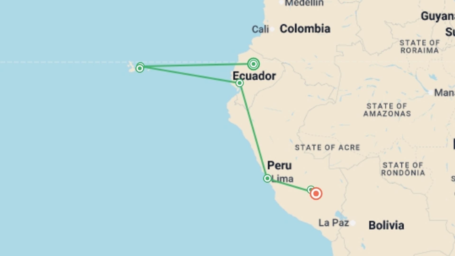 A map showing the tour itinerary for the trip: Quito, Galapagos & Peru (Superior) - 11 days, starting in Quito, Ecuador and ending in Cusco, Peru going through 3 other destinations.