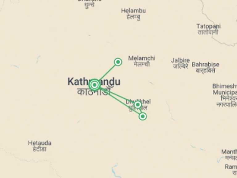Map itinerary of Nepal Tour in April 2027 with 4 destination visits for the trip: Kathmandu Valley Trek