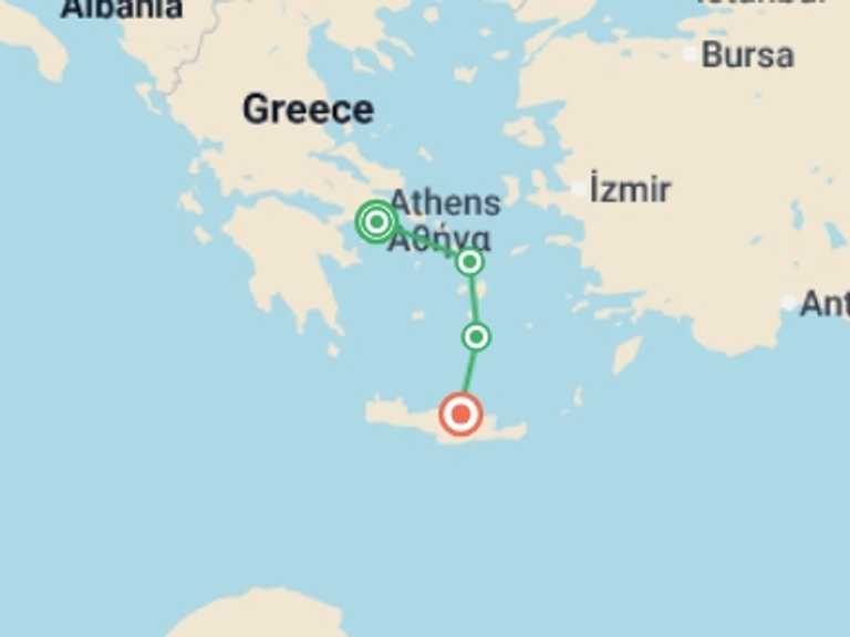 Map of a Cultural, religious and historic sites Tour with 4 destination visits for the trip: Athens to Mykonos, Santorini & Crete - 9 days