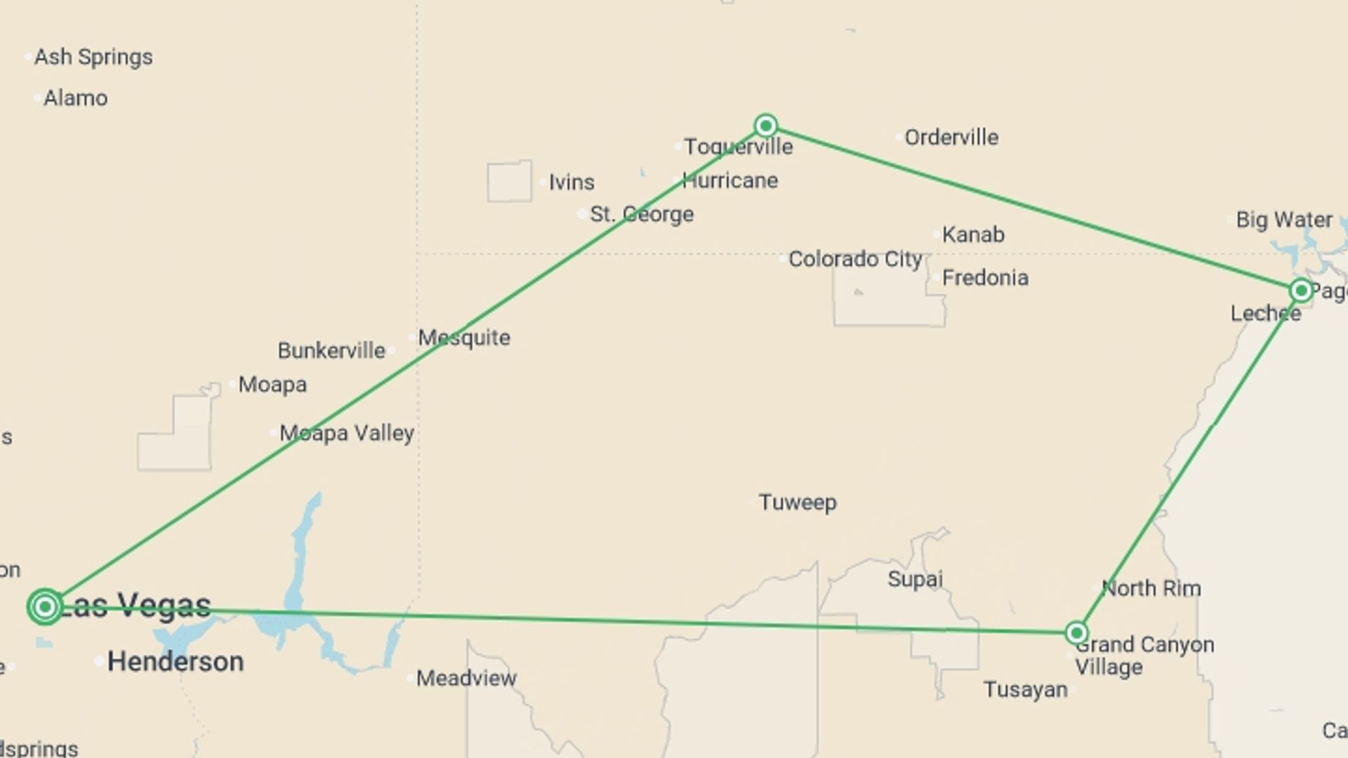 A map showing the tour itinerary for the trip: Western USA National Parks Loop, starting in Las Vegas, USA and ending in Las Vegas, USA going through 3 other destinations.