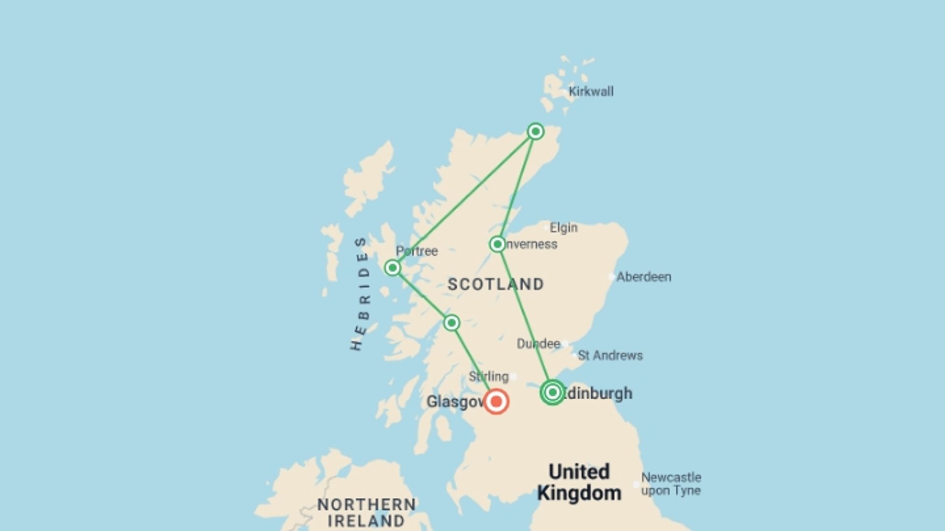 A map showing the tour itinerary for the trip: Country Roads of Scotland - Small Group, starting in Edinburgh, Scotland and ending in Glasgow, Scotland going through 3 other destinations.