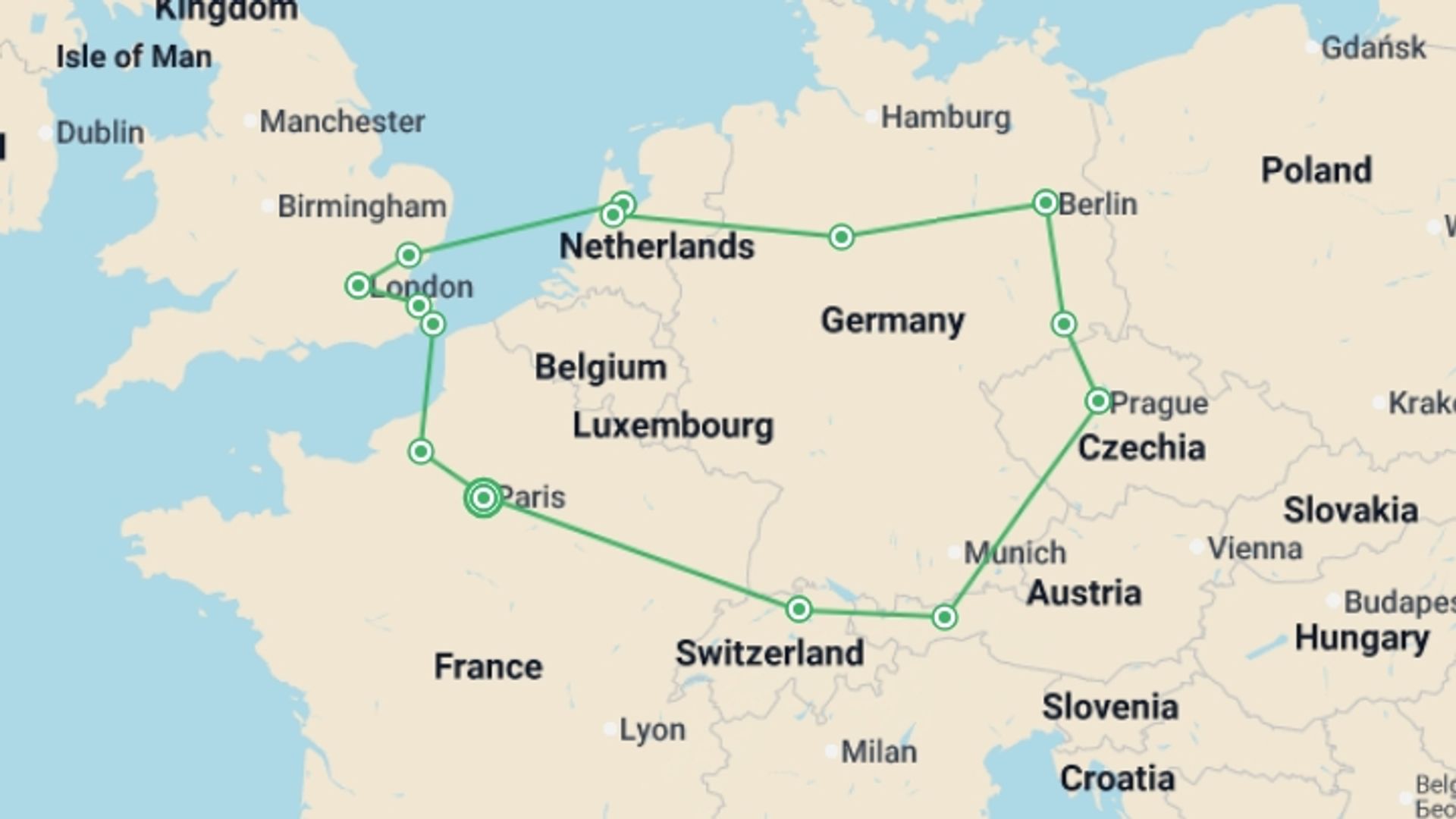 A map showing the tour itinerary for the trip: The Unforgettable Journey, starting in Paris, France and ending in Paris, France going through 8 other destinations.