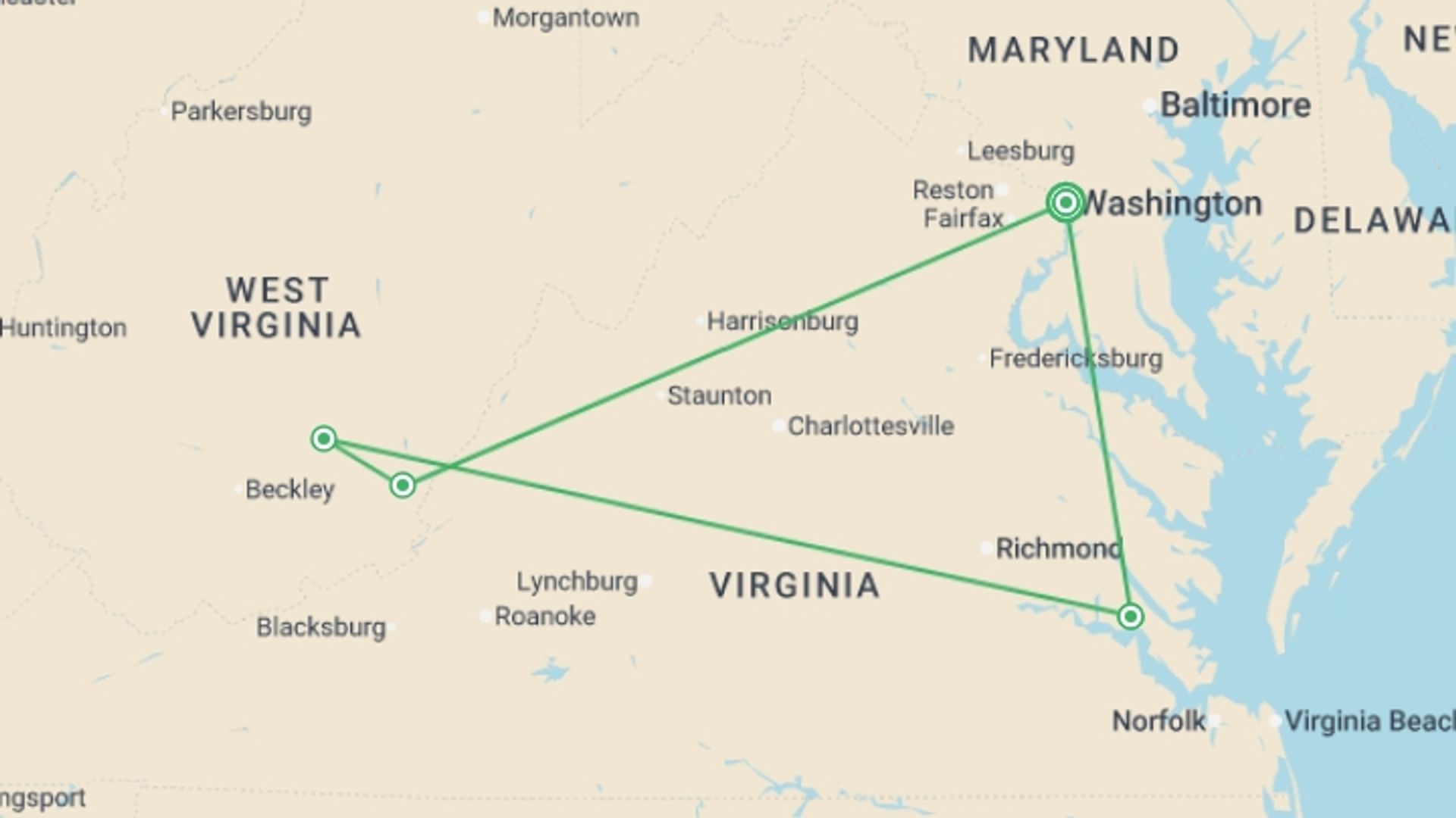 A map showing the tour itinerary for the trip: American Heritage Holiday featuring The Greenbrier Resort, starting in Washington D.C., USA and ending in Washington D.C., USA going through 3 other destinations.