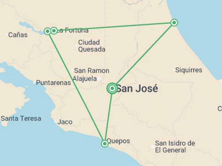 Map itinerary of South America Tour in February 2026 with 5 destination visits for the trip: Costa Rica Express - 7 days