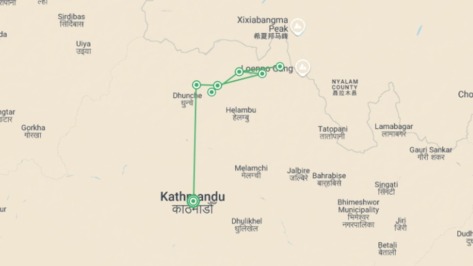 A map showing the tour itinerary for the trip: Langtang Valley Trek: 11 Days, starting in Kathmandu, Nepal and ending in Kathmandu, Nepal going through 5 other destinations.