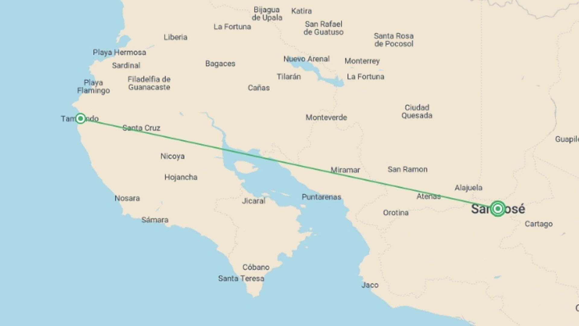 A map showing the tour itinerary for the trip: San Jose & Tamarindo Beach Break - 5 days, starting in San Jose, Costa Rica and ending in San Jose, Costa Rica going through 1 other destinations.