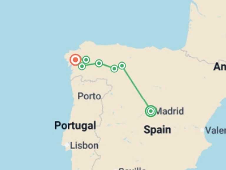 Map itinerary of Madrid Tour in September 2026 with 9 destination visits for the trip: Walking the Camino de Santiago