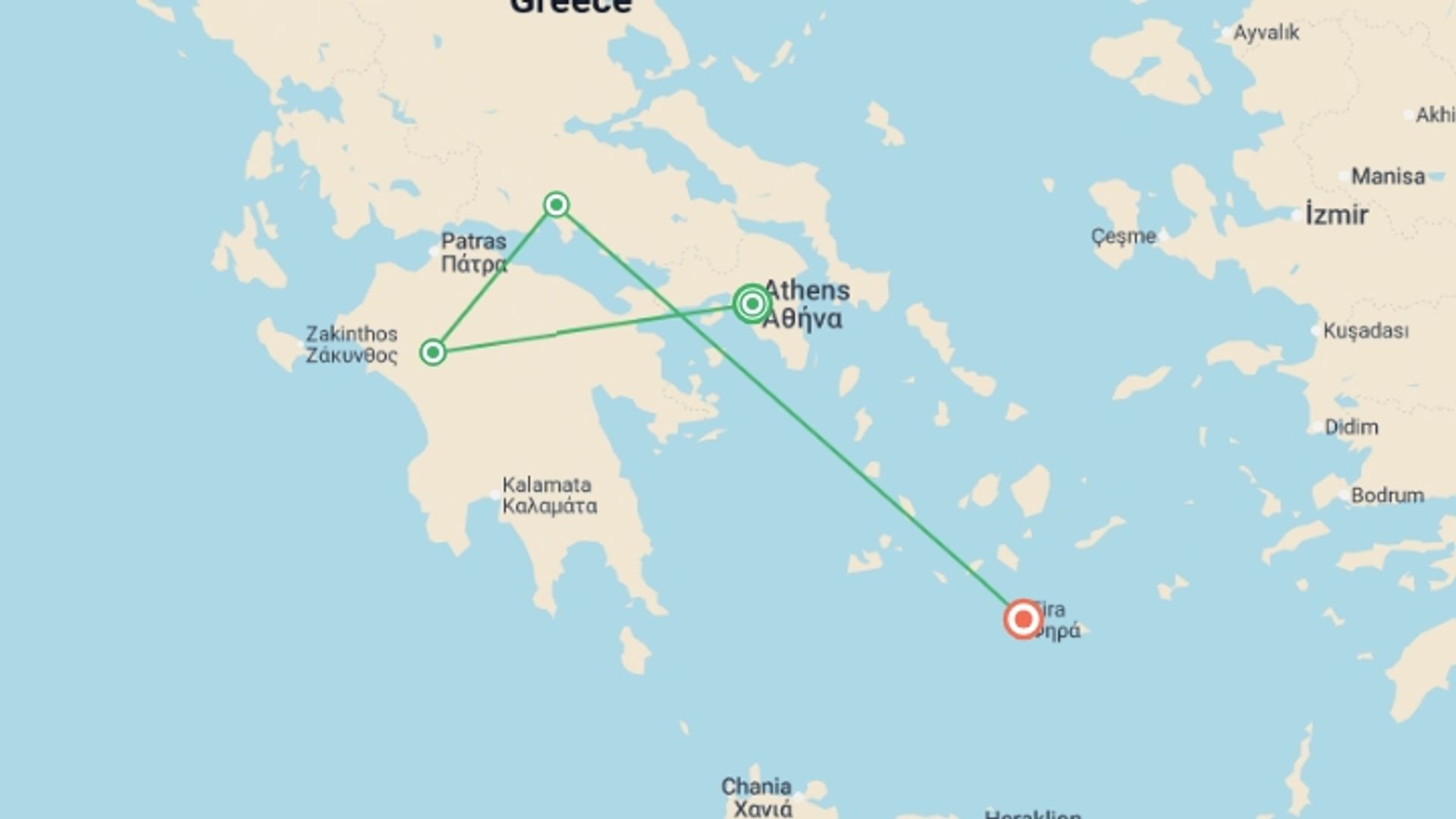 A map showing the tour itinerary for the trip: Greenland Express - 4 days, starting in Athens, Greece and ending in Santorini, Greece going through 2 other destinations.
