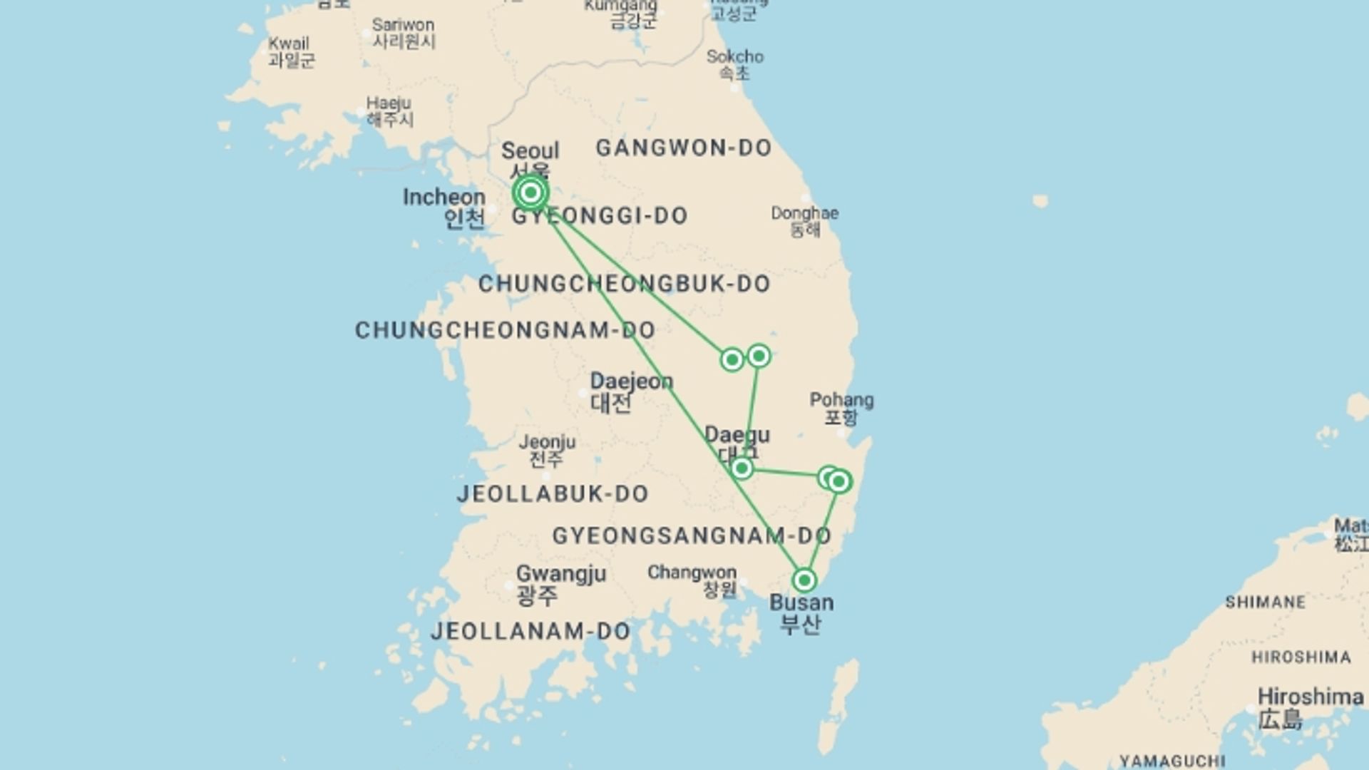 A map showing the tour itinerary for the trip: Trails of Korea, starting in Seoul, South Korea and ending in Seoul, South Korea going through 2 other destinations.