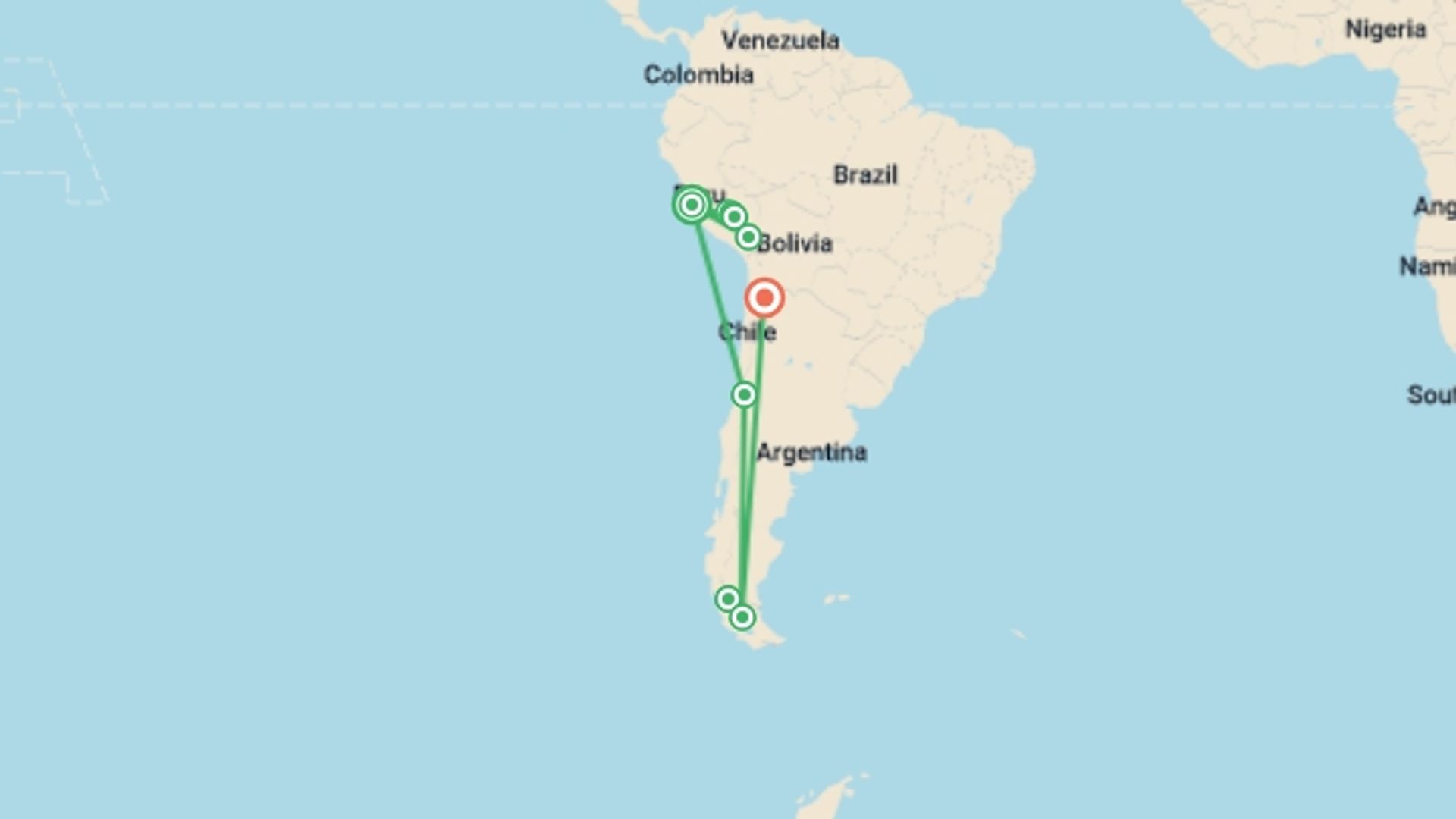 A map showing the tour itinerary for the trip: Best of Peru And Chile, starting in Lima, Peru and ending in San Pedro De Atacama, Chile going through 7 other destinations.