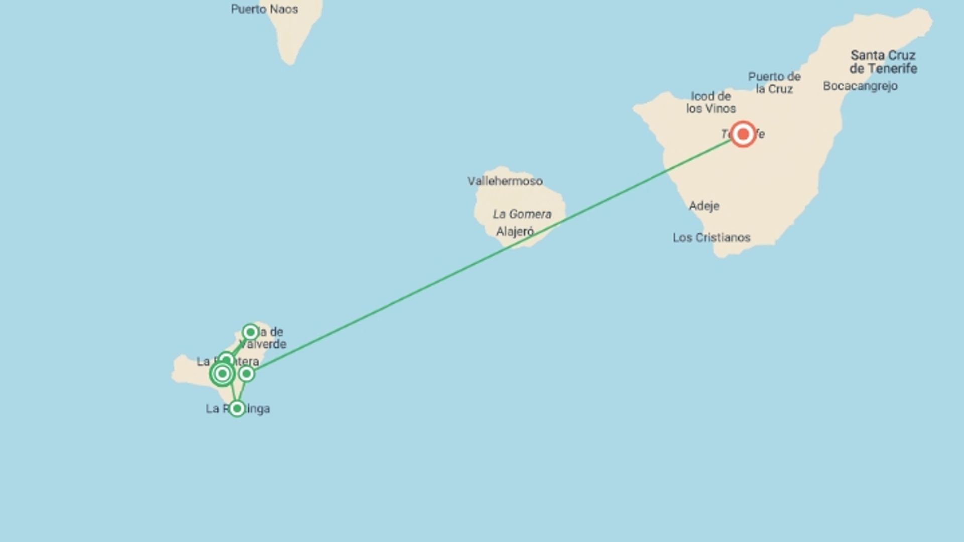 A map showing the tour itinerary for the trip: Highlights of El Hierro Walk, starting in El Hierro, Spain and ending in Tenerife, Spain going through 4 other destinations.
