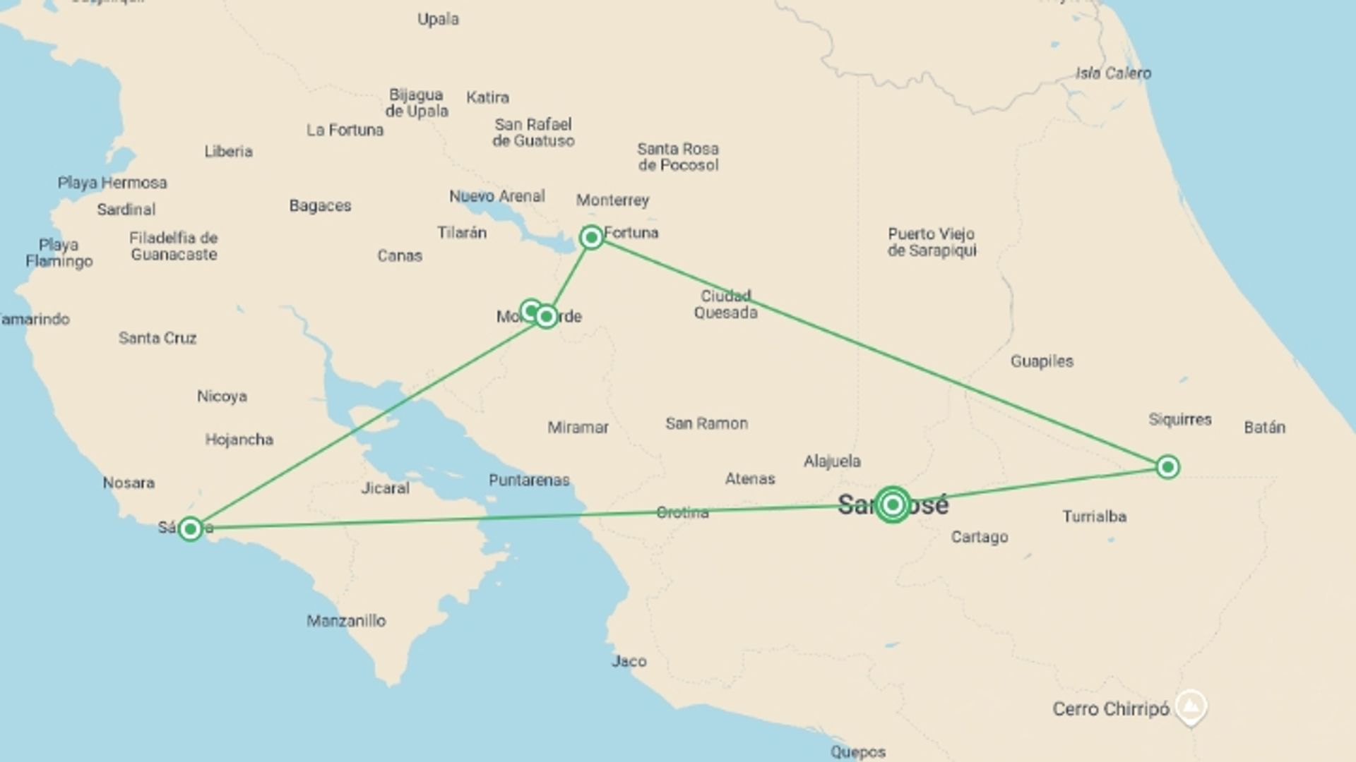 A map showing the tour itinerary for the trip: Eco Adventure Trip in Costa Rica, starting in San Jose, Costa Rica and ending in San Jose, Costa Rica going through 5 other destinations.