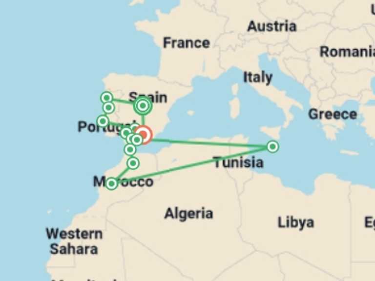 Map itinerary of Lisbon Tour in November 2026 with 13 destination visits for the trip: Amazing Spain Portugal and Morocco