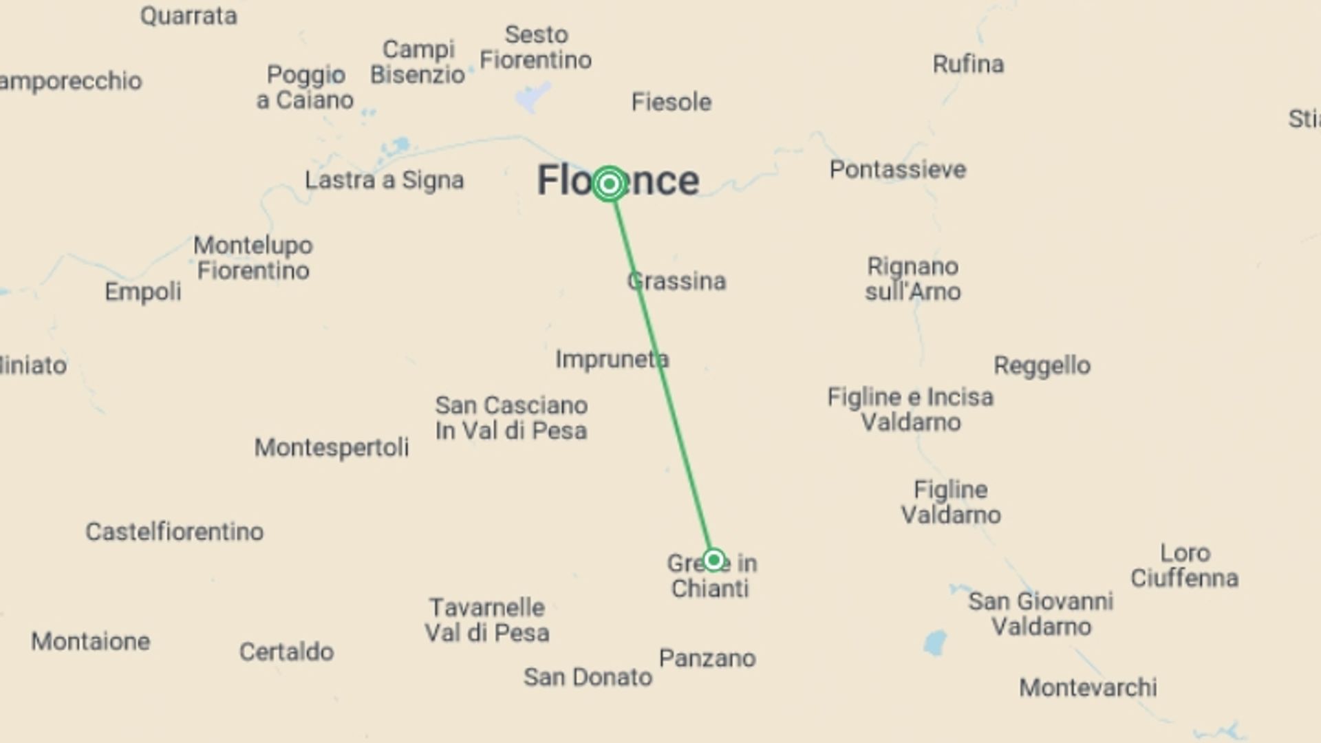 A map showing the tour itinerary for the trip: Florence Discovery & Wine Tasting - 4 days, starting in Florence, Italy and ending in Florence, Italy going through 0 other destinations.