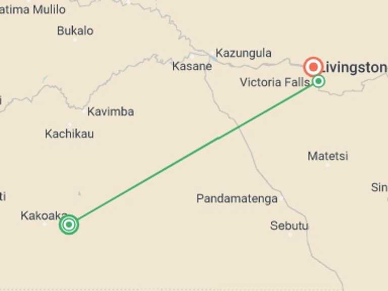 Map of Victoria Falls Wildlife safaris and game drives Tour with 3 destination visits for the trip: 2 Days and 1Night Camping Safari
