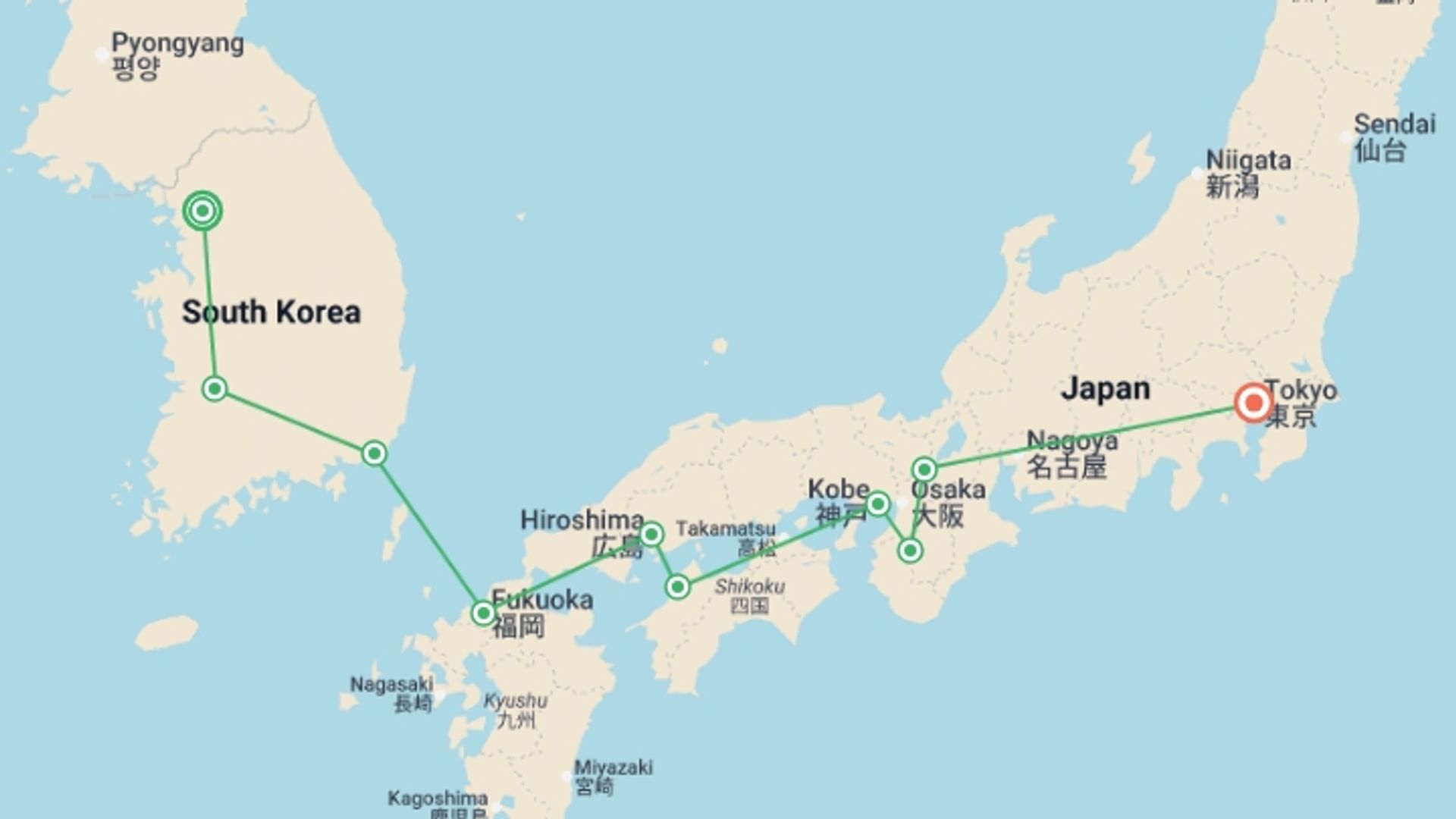 A map showing the tour itinerary for the trip: Classical Korea and Japan End Tokyo, starting in Seoul, South Korea and ending in Tokyo, Japan going through 8 other destinations.