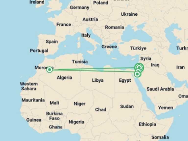 Map of Jordan Tour with 5 destination visits for the trip: Jordan Explorer 10D/9N