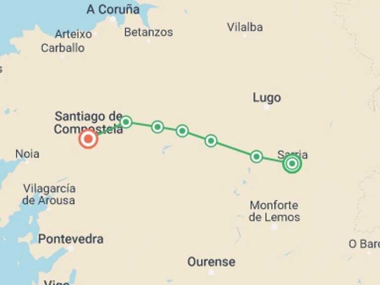 Map itinerary of Spain Tour in February 2026 with 7 destination visits for the trip: Camino - Sarria to Santiago Plus