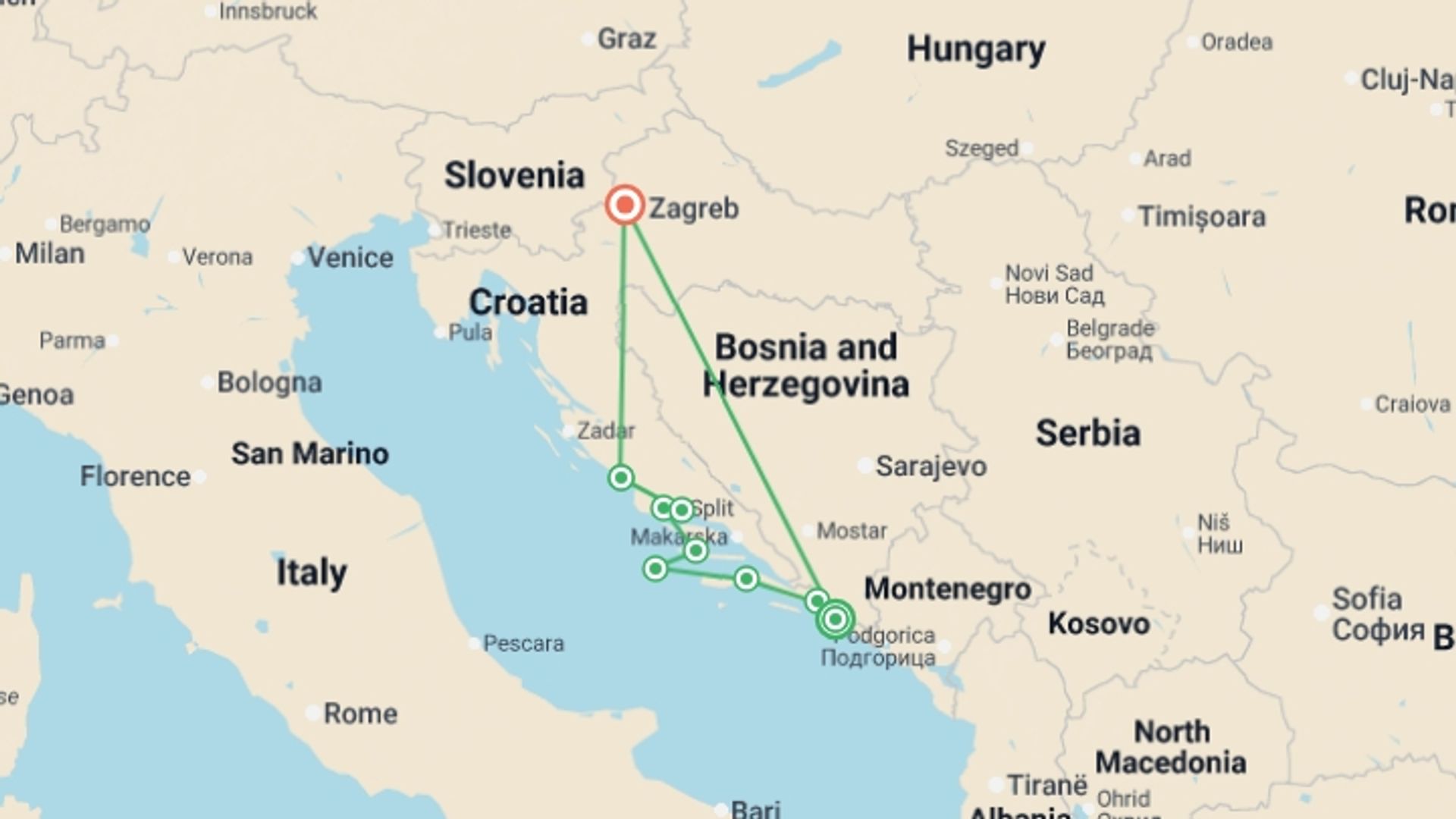 A map showing the tour itinerary for the trip: Croatia & Its Islands Small Ship Cruising on the Adriatic Coast, starting in Dubrovnik, Croatia and ending in Zagreb, Croatia going through 7 other destinations.